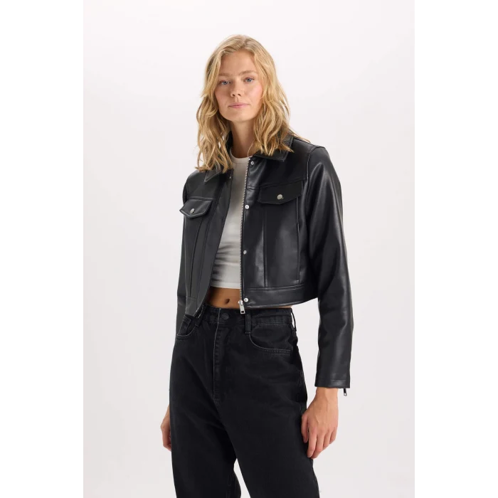 Defacto D5774 Siyah Su İtici Suni Deri Mont Polo Yaka Cepli Fermuarlı Çıtçıtlı