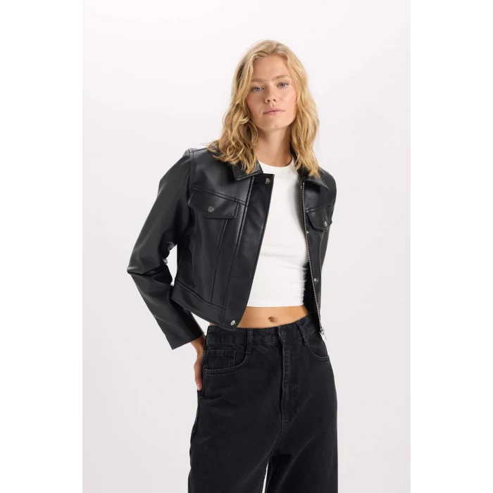 Defacto D5774 Siyah Su İtici Suni Deri Mont Polo Yaka Cepli Fermuarlı Çıtçıtlı