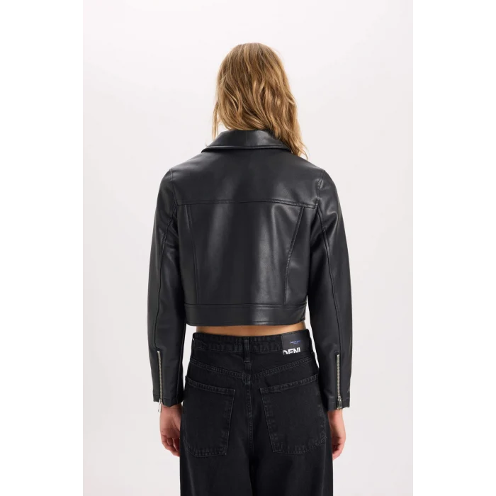 Defacto D5774 Siyah Su İtici Suni Deri Mont Polo Yaka Cepli Fermuarlı Çıtçıtlı