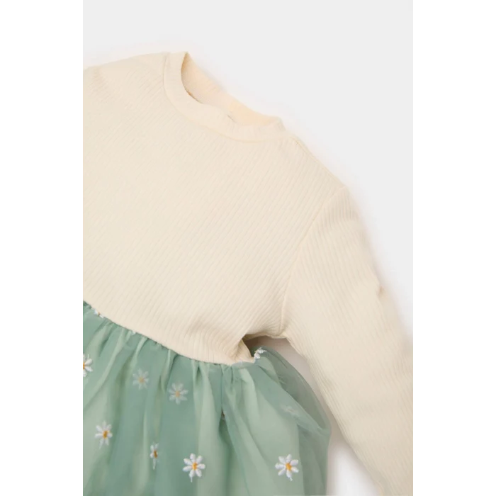 Defacto D9327 Yeşil Kız Bebek Çiçekli Uzun Kollu Tül Elbise