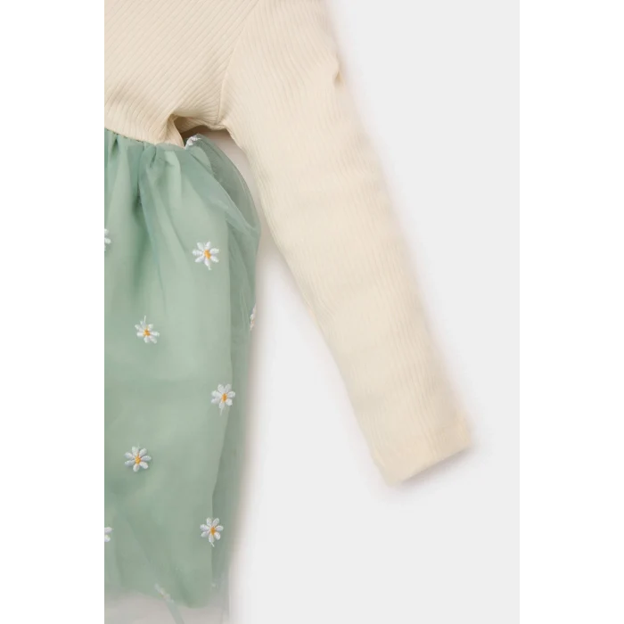 Defacto D9327 Yeşil Kız Bebek Çiçekli Uzun Kollu Tül Elbise