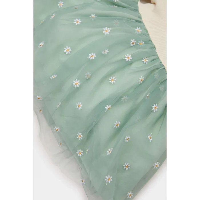 Defacto D9327 Yeşil Kız Bebek Çiçekli Uzun Kollu Tül Elbise