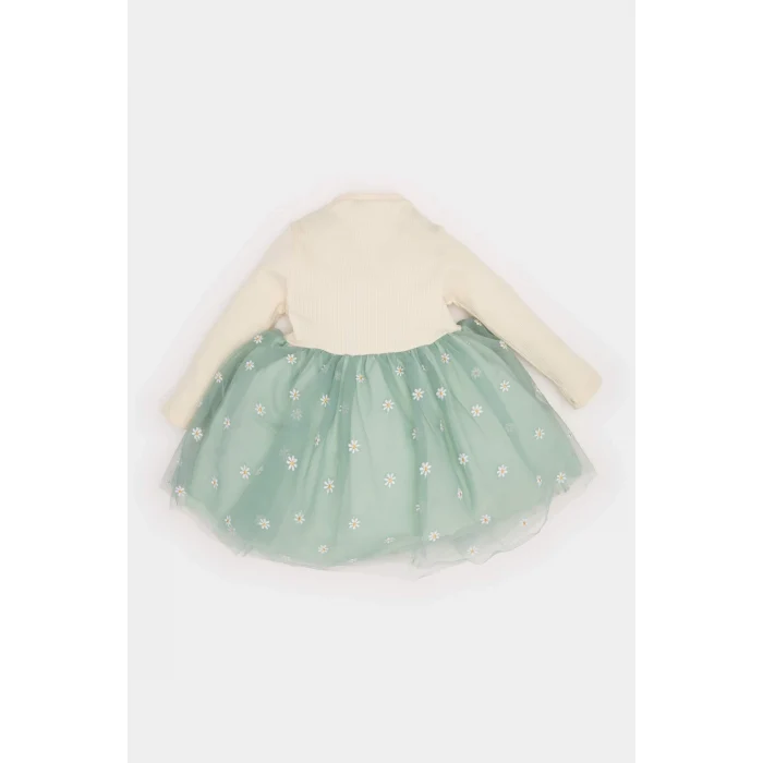 Defacto D9327 Yeşil Kız Bebek Çiçekli Uzun Kollu Tül Elbise