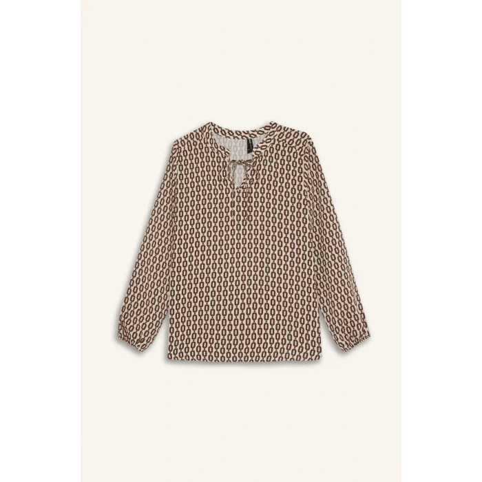 Defacto N1809 Ekru Regular Fit Apaş Yaka Desenli Uzun Kollu Bluz