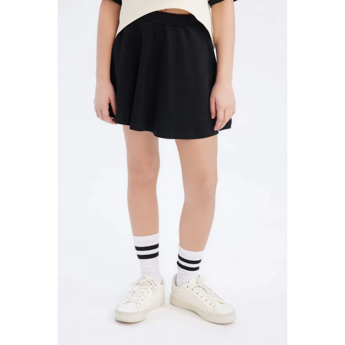 Defacto E0416 Ekru Kız Çocuk 2li Takım Bisiklet Yaka Baskılı Kısa Kollu Tişört Etek