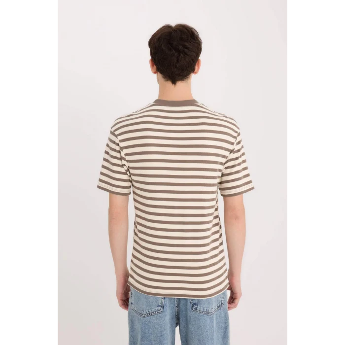 Defacto B5910 Kahve Boxy Fit Bisiklet Yaka Çizgili Kısa Kollu Ağır Kumaş Tişört