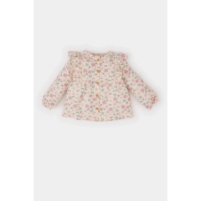 Defacto E2786 Bej Kız Bebek Bisiklet Yaka Çiçekli Twill Uzun Kollu Gömlek