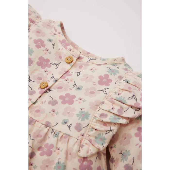 Defacto E2786 Bej Kız Bebek Bisiklet Yaka Çiçekli Twill Uzun Kollu Gömlek