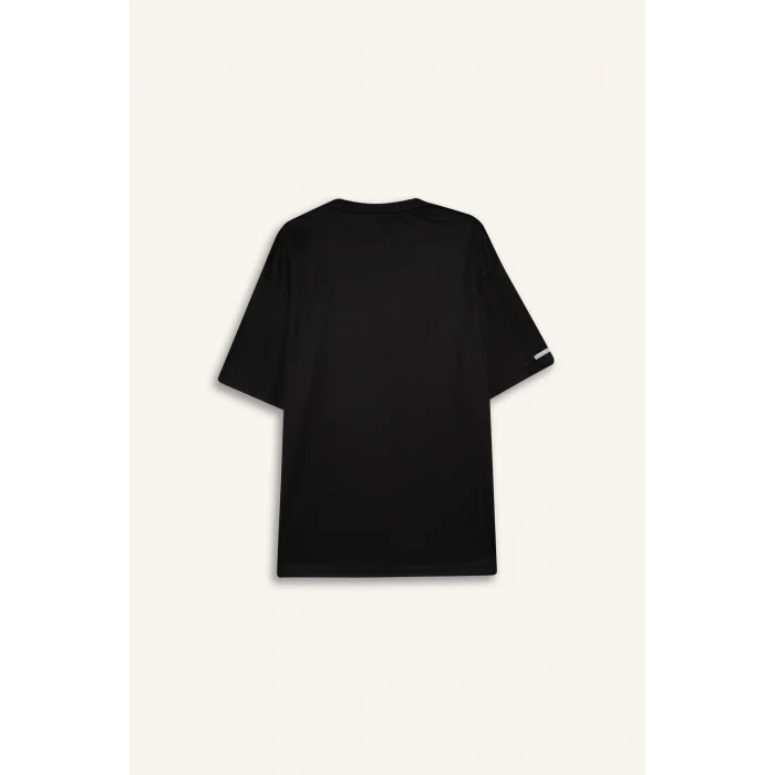 Defacto D6726 Siyah DeFactoFit Boxy Fit Bisiklet Yaka Arma Baskılı Baskılı Sporcu Kısa Kollu Tişört