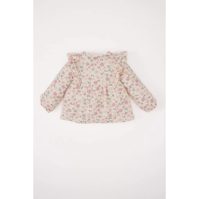 Defacto E2786 Bej Kız Bebek Bisiklet Yaka Çiçekli Twill Uzun Kollu Gömlek