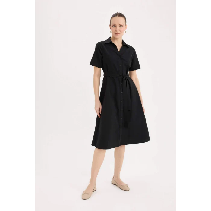 Defacto E7114 Siyah A Kesim Gömlek Yaka Poplin Kısa Kollu Midi Elbise