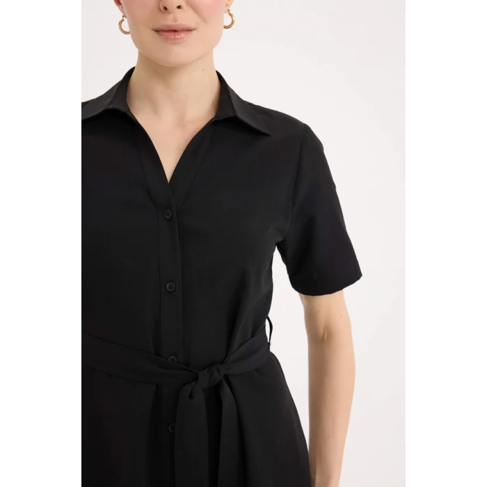 Defacto E7114 Siyah A Kesim Gömlek Yaka Poplin Kısa Kollu Midi Elbise