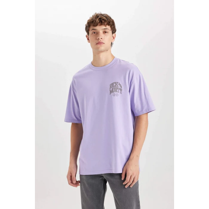 Defacto D5465 Mor Rick and Morty Boxy Fit Bisiklet Yaka Baskılı Kısa Kollu Tişört