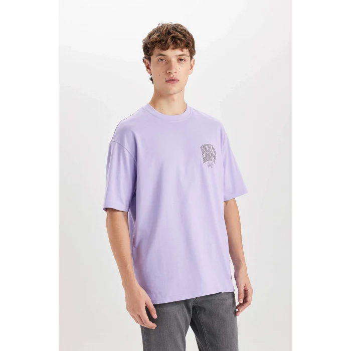 Defacto D5465 Mor Rick and Morty Boxy Fit Bisiklet Yaka Baskılı Kısa Kollu Tişört