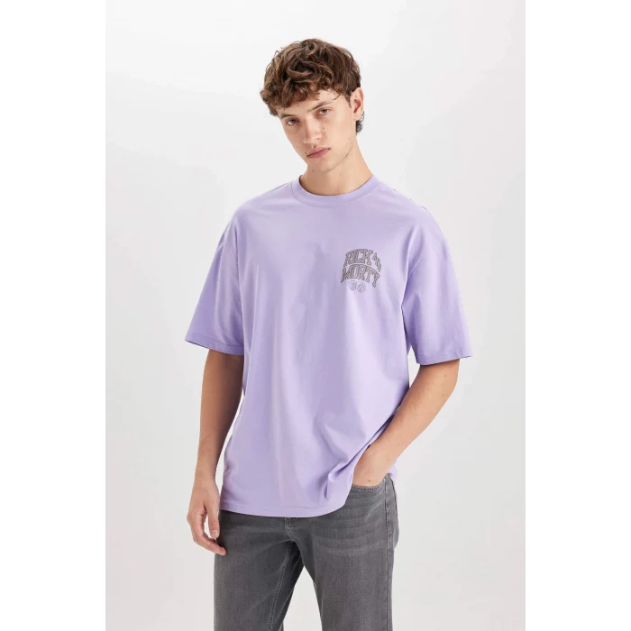 Defacto D5465 Mor Rick and Morty Boxy Fit Bisiklet Yaka Baskılı Kısa Kollu Tişört
