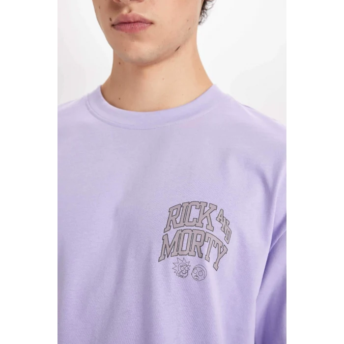 Defacto D5465 Mor Rick and Morty Boxy Fit Bisiklet Yaka Baskılı Kısa Kollu Tişört