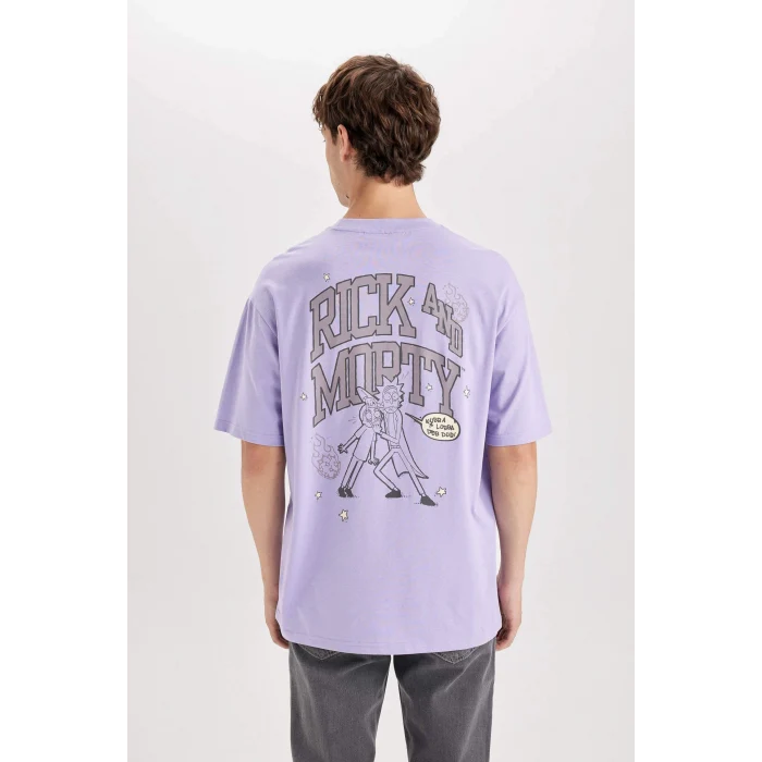 Defacto D5465 Mor Rick and Morty Boxy Fit Bisiklet Yaka Baskılı Kısa Kollu Tişört