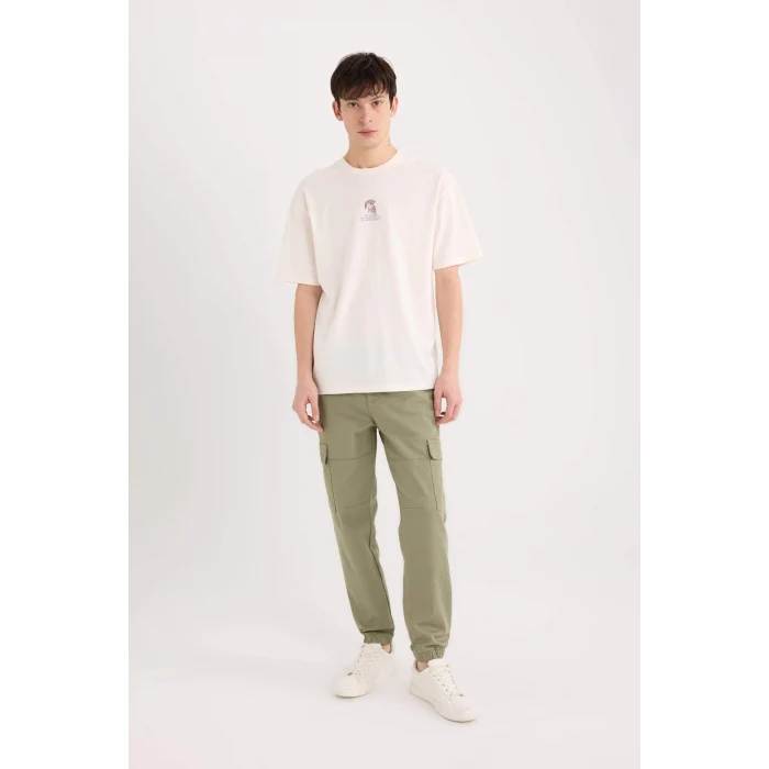 Defacto D9344 Ekru Boxy Fit Bisiklet Yaka Sırt Baskılı Kısa Kollu Tişört