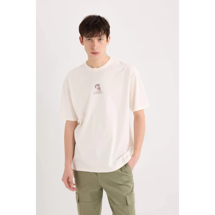 Defacto D9344 Ekru Boxy Fit Bisiklet Yaka Sırt Baskılı Kısa Kollu Tişört