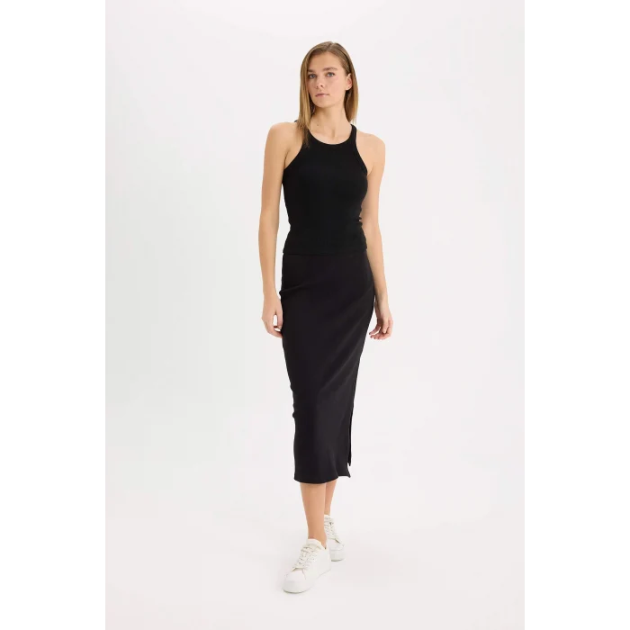 Defacto E2247 Siyah Fitted Vücudu Saran Yırtmaçlı Basic Düz Fitilli Kaşkorse Siyah Midi Etek