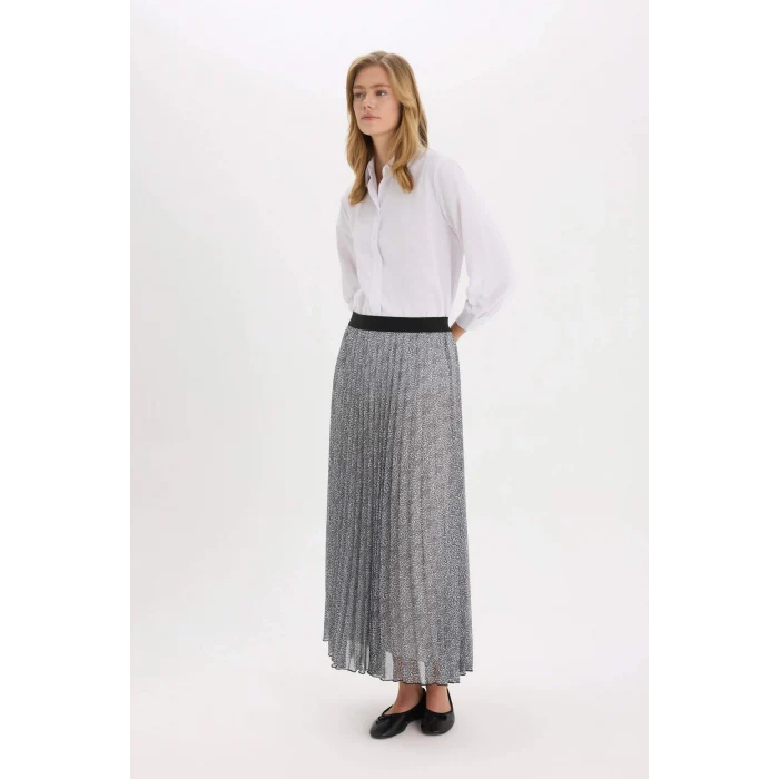 Defacto E5454 Siyah Pilise Desenli Şifon Maxi Etek