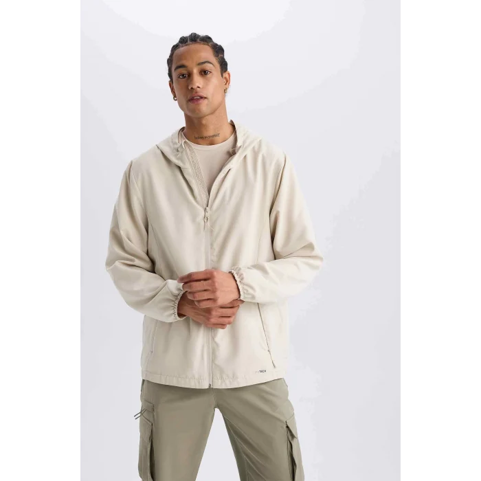 Defacto D6180 Bej DeFactoFit Su İtici Regular Fit Kapüşonlu File Astarlı Fermuarlı Dokuma Mevsimlik Baharlık Mont