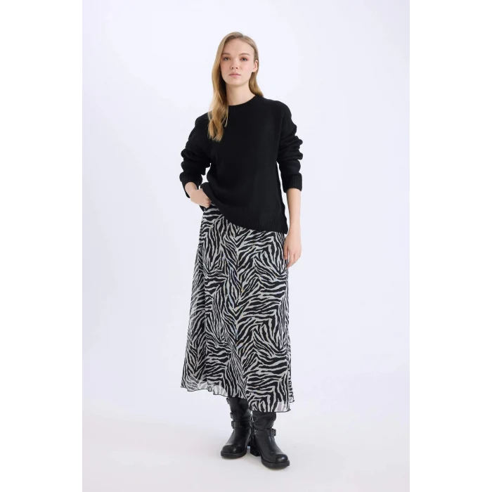 Defacto E3974 Siyah Flare Fit Zebra Desenli Yüksek Bel Tül Maxi Etek