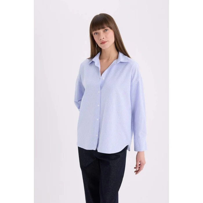 Defacto D4512 Mavi Oversize Geniş Kalıp Çizgili Oxford Uzun Kollu Gömlek