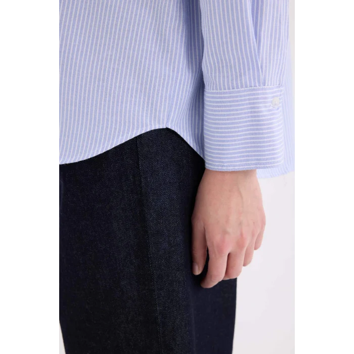 Defacto D4512 Mavi Oversize Geniş Kalıp Çizgili Oxford Uzun Kollu Gömlek