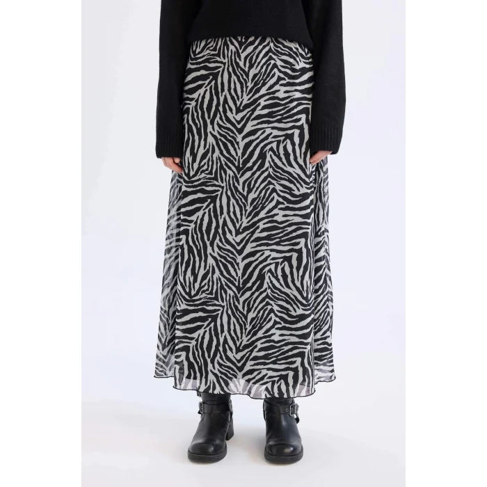 Defacto E3974 Siyah Flare Fit Zebra Desenli Yüksek Bel Tül Maxi Etek