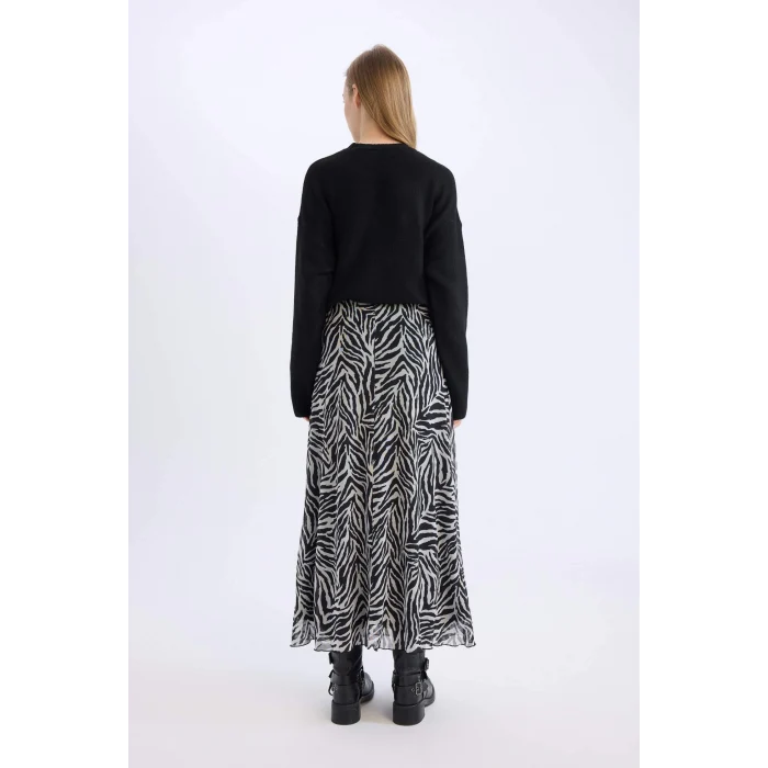 Defacto E3974 Siyah Flare Fit Zebra Desenli Yüksek Bel Tül Maxi Etek