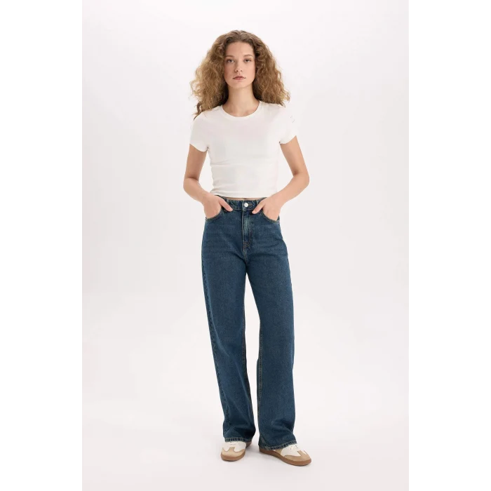 Defacto D7953 Mavi 90s Wide Leg Yüksek Bel Geniş Paça Uzun Jean Kar Yıkamalı Pantolon