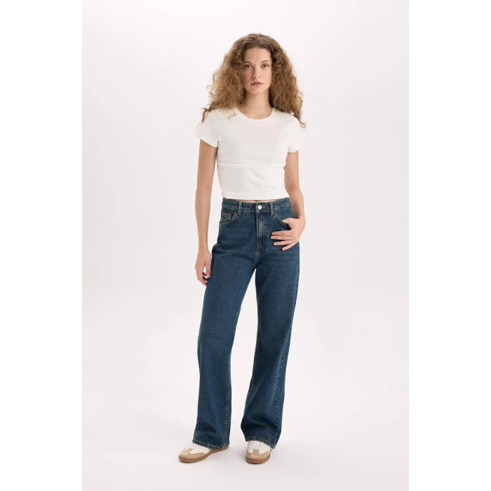 Defacto D7953 Mavi 90s Wide Leg Yüksek Bel Geniş Paça Uzun Jean Kar Yıkamalı Pantolon