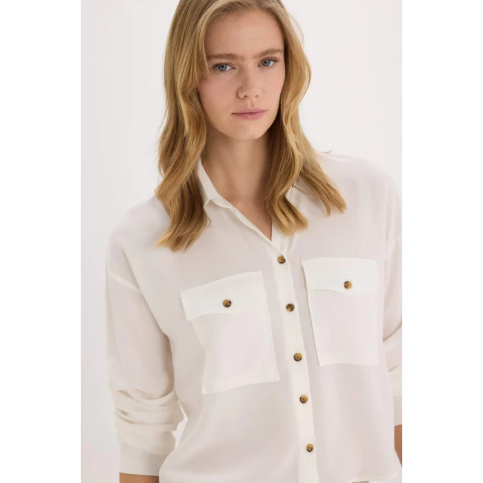 Defacto A5380 Beyaz Regular Fit Viskon Uzun Kollu Gömlek