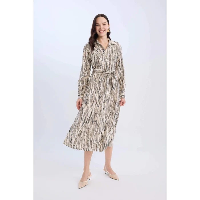 Defacto E0784 Ekru Regular Fit Desenli V Yaka Kuşaklı Uzun Kollu Maxi Elbise