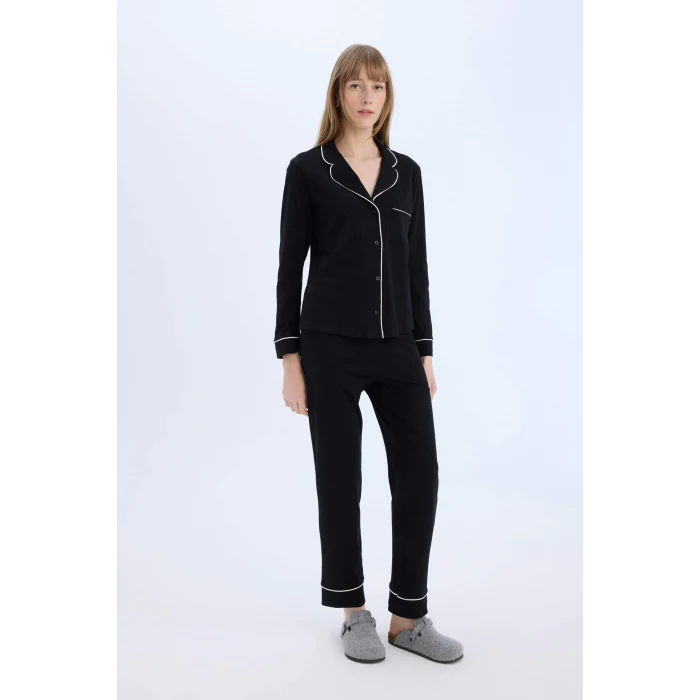 Defacto D6846 Siyah Fall in Love Pijama Takımı Uzun Kollu Pijama Üstü Esnek Belli Uzun Pijama Altı