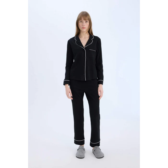 Defacto D6846 Siyah Fall in Love Pijama Takımı Uzun Kollu Pijama Üstü Esnek Belli Uzun Pijama Altı