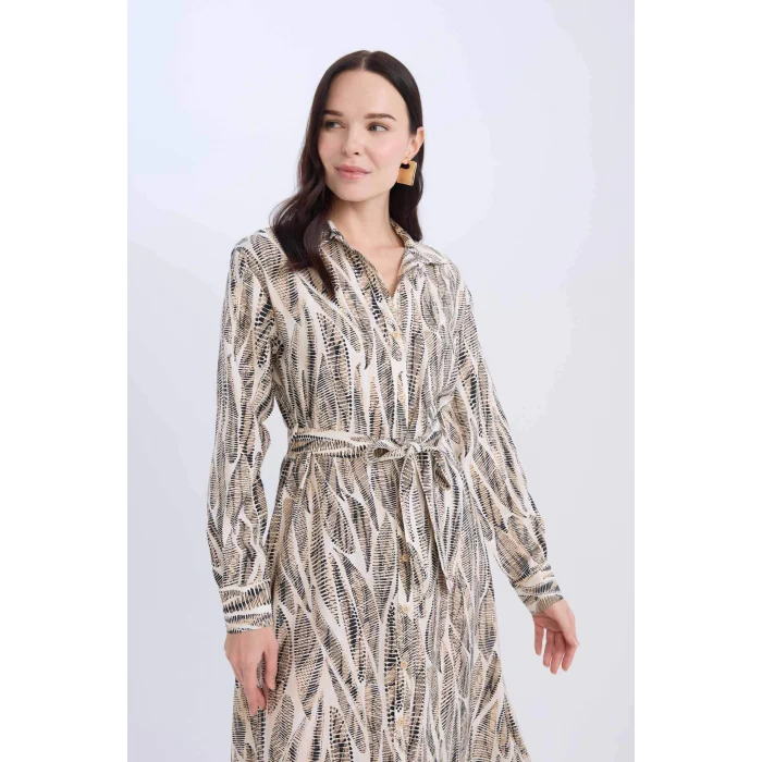 Defacto E0784 Ekru Regular Fit Desenli V Yaka Kuşaklı Uzun Kollu Maxi Elbise