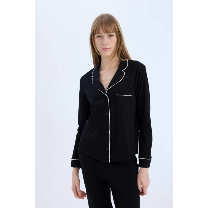 Defacto D6846 Siyah Fall in Love Pijama Takımı Uzun Kollu Pijama Üstü Esnek Belli Uzun Pijama Altı