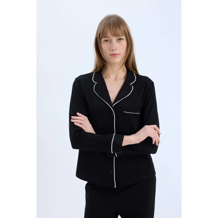 Defacto D6846 Siyah Fall in Love Pijama Takımı Uzun Kollu Pijama Üstü Esnek Belli Uzun Pijama Altı