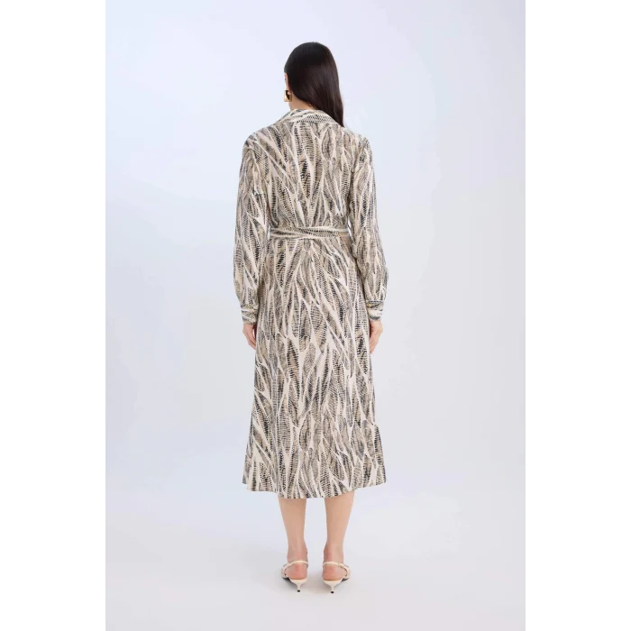 Defacto E0784 Ekru Regular Fit Desenli V Yaka Kuşaklı Uzun Kollu Maxi Elbise