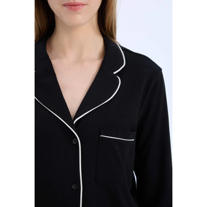 Defacto D6846 Siyah Fall in Love Pijama Takımı Uzun Kollu Pijama Üstü Esnek Belli Uzun Pijama Altı