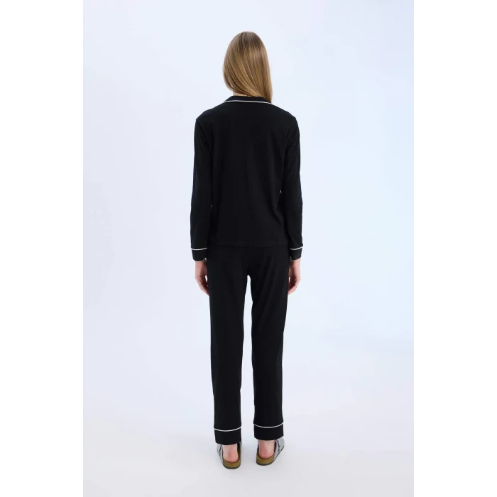 Defacto D6846 Siyah Fall in Love Pijama Takımı Uzun Kollu Pijama Üstü Esnek Belli Uzun Pijama Altı