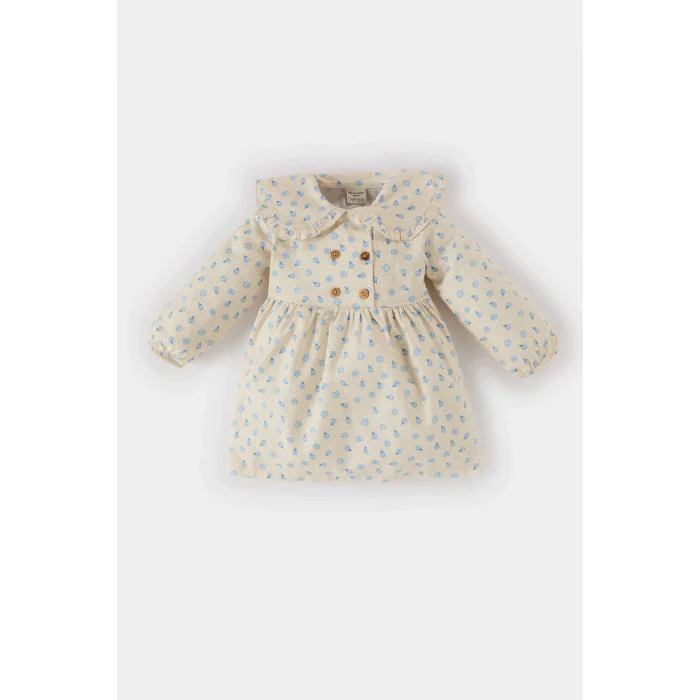 Defacto D9568 Bej Kız Bebek Çiçekli Uzun Kollu Twill Elbise
