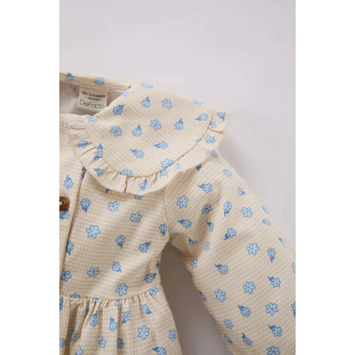 Defacto D9568 Bej Kız Bebek Çiçekli Uzun Kollu Twill Elbise