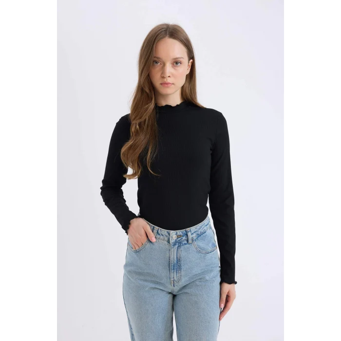 Defacto B2389 Siyah Yarım Balıkçı Yaka Fitilli Kaşkorse Uzun Kollu Tişört