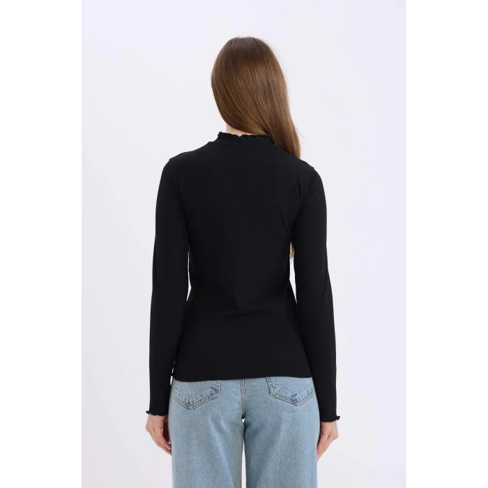 Defacto B2389 Siyah Yarım Balıkçı Yaka Fitilli Kaşkorse Uzun Kollu Tişört