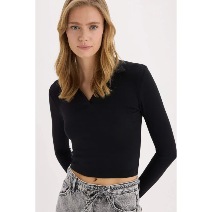 Defacto E7938 Siyah Fitted Polo Yaka Basic Düz Modal Uzun Kollu Tişört