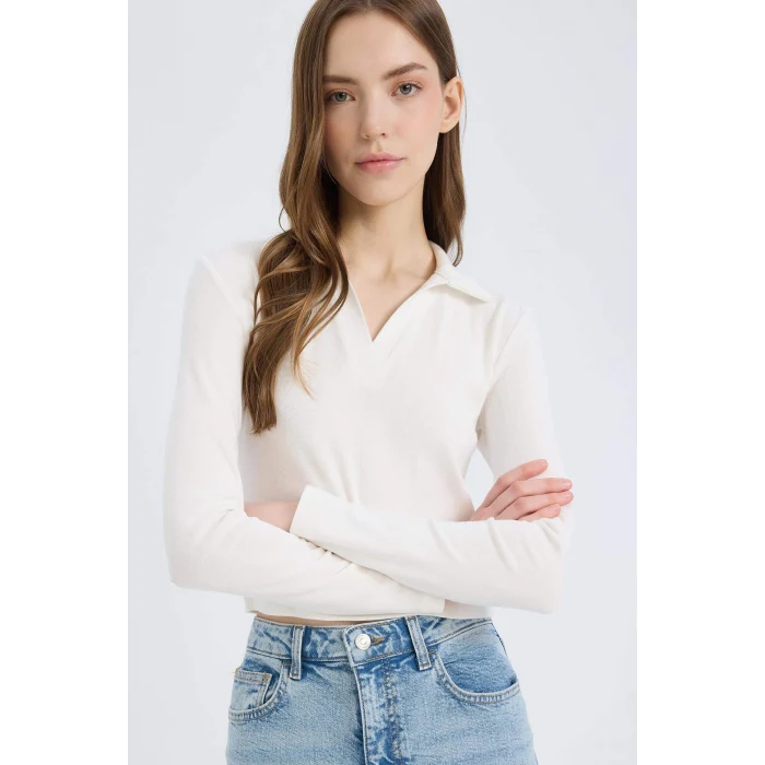 Defacto E7938 Beyaz Fitted Polo Yaka Basic Düz Modal Uzun Kollu Tişört