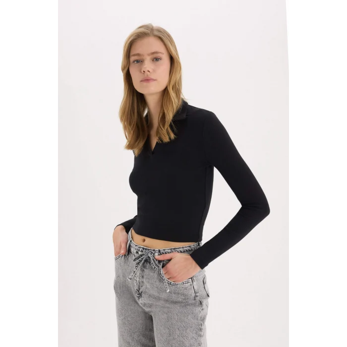 Defacto E7938 Siyah Fitted Polo Yaka Basic Düz Modal Uzun Kollu Tişört